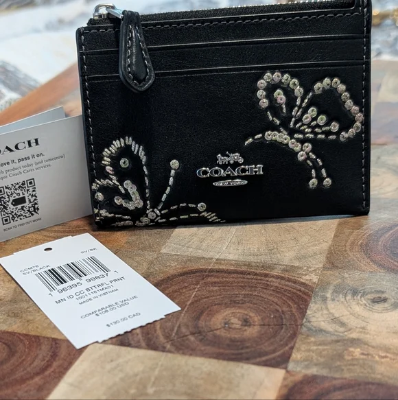 Coach Skinny Mini Smooth Leather Embroidered Butterfly Zip Close ID Case Nwt ❤️ - Picture 1 of 11